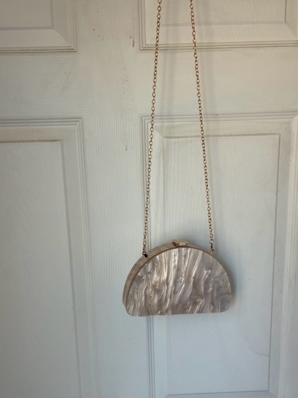 Pearlescent Cream Half-Moon Crossbody Bag with Gold Chain